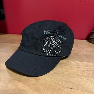 Harley-Davidson Black Flat Top Cap with Rhinestone Skull